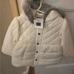 Janie and Jack White Puffer Jacket with Faux Fur Trim